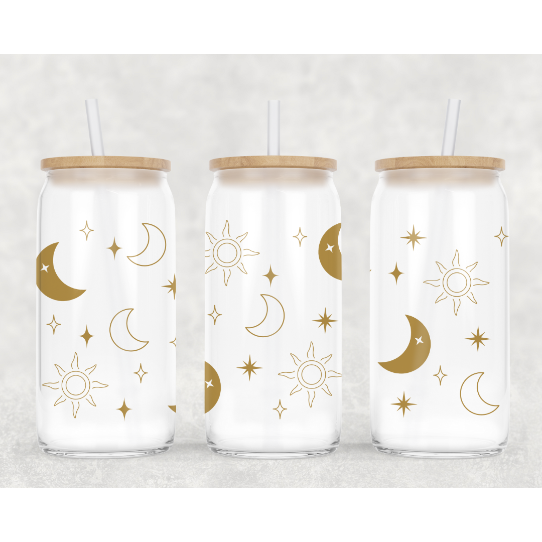 Celestial Dreams | Moon and Stars | 16oz Clear Glass Can Tumbler