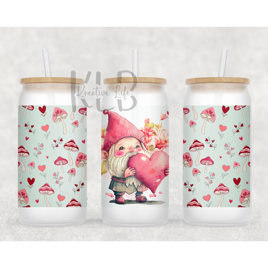 Gnome Valentine 16oz Frosted Glass Can Tumbler | Whimsical Love-themed Drinkware