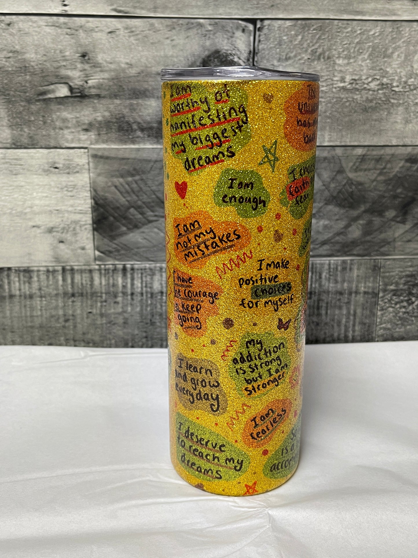 Daily Sobriety Affirmations | 20oz Tumbler | Gold Sparkle | Ready to Ship