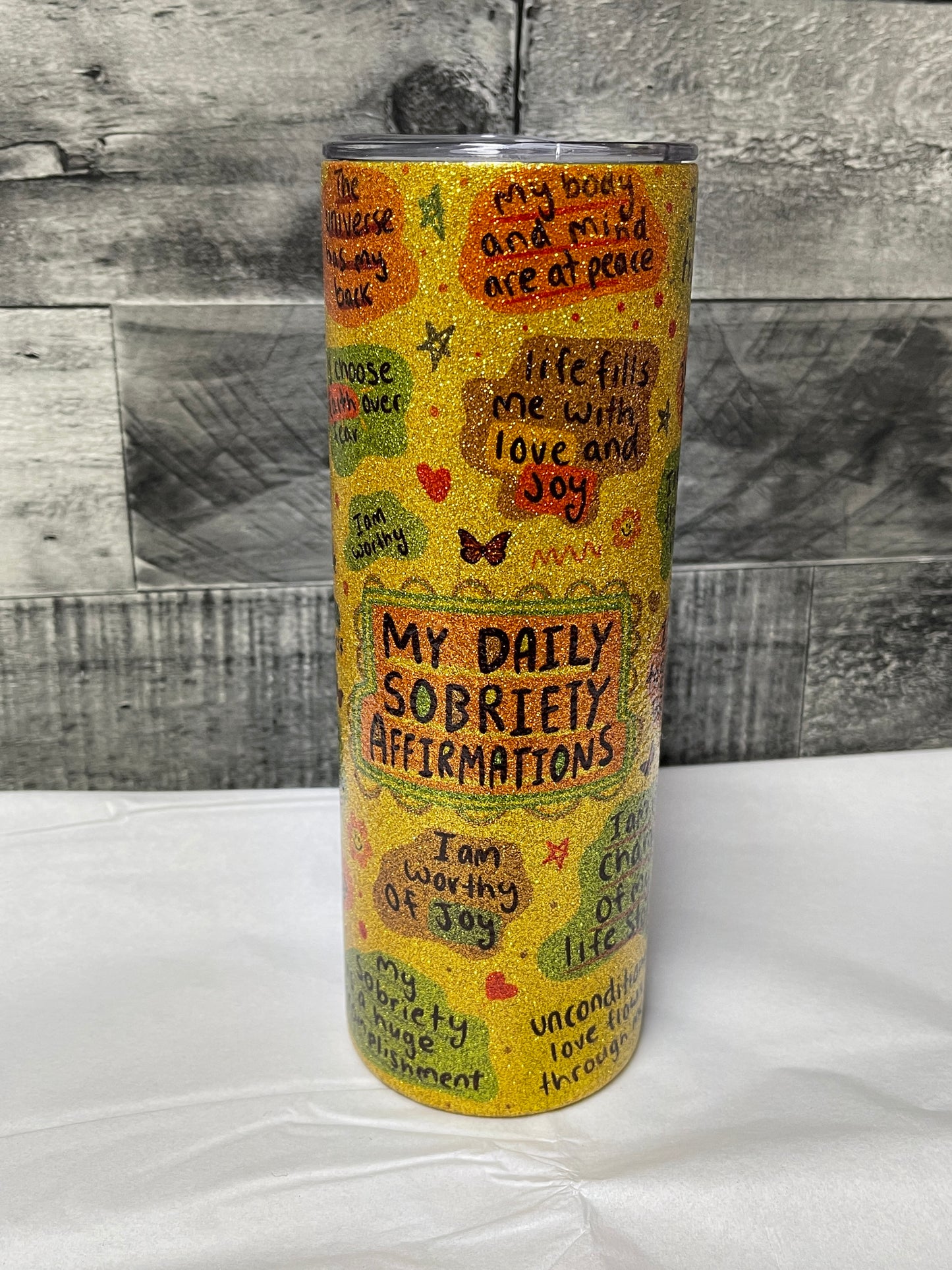 Daily Sobriety Affirmations | 20oz Tumbler | Gold Sparkle | Ready to Ship