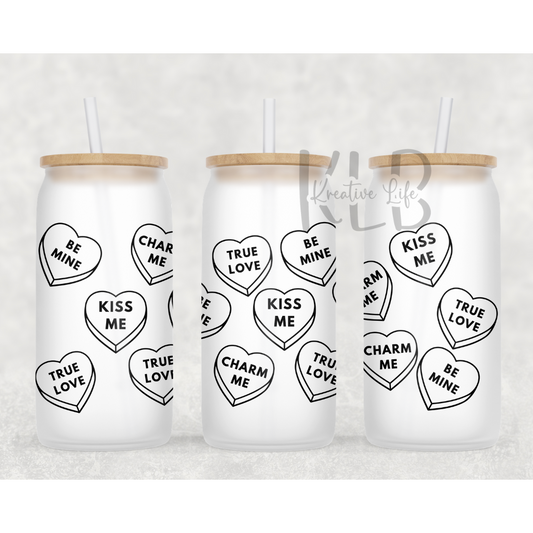 Candy Hearts | 16oz Frosted Glass Can Tumbler | Shop Now