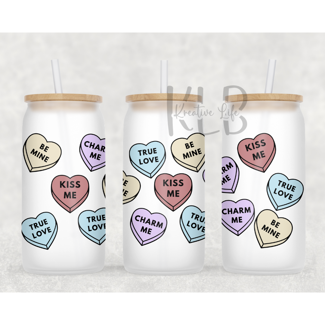 Colourful Candy Hearts | 16oz Frosted Glass Can Tumbler | Express Your Sweet Style