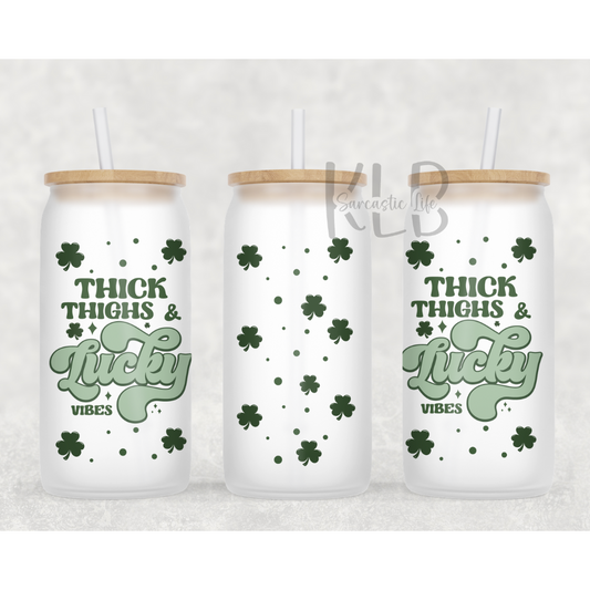 Thick Thighs & Lucky Vibes | 16oz Durable Frosted Glass Can Tumbler | Shop Now